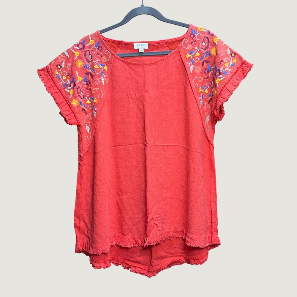 Umgee Coral Red/Orange hue Linen Blend Floral Embroidered Frayed Hem Top Small
